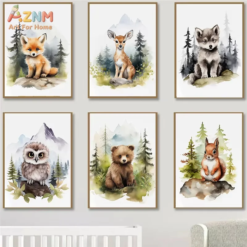 Watercolor Woodland  Animal Forest Bear Deer Fox Owl Wolf Poster Canvas Painting Wall Art Home Decoration