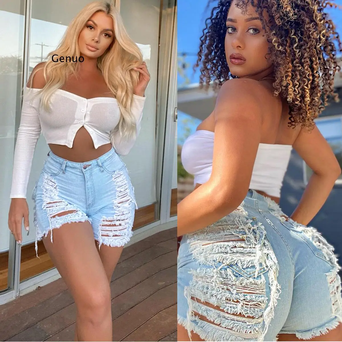 

Fashion Mid Waist Light Cut Out Blue Denim Shorts With Tassel Women Streetwear Hollow Out Sexy Hole Female Jean Shorts