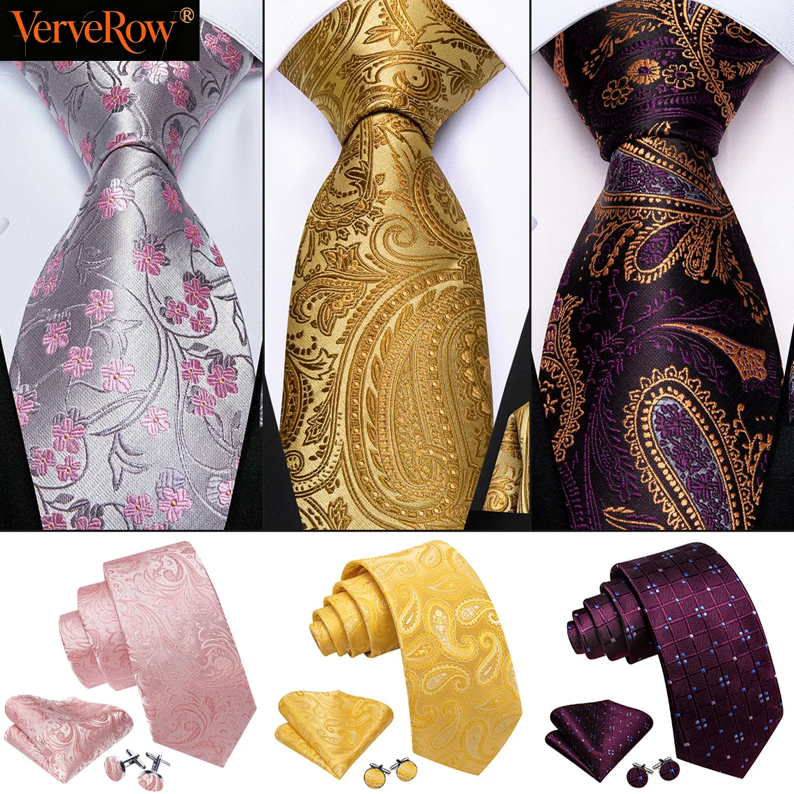 VERVEROW Elegant Mens Neckties Jacquard Paisley Floral Pocket Square, Formal Tie Set for Wedding Business Party