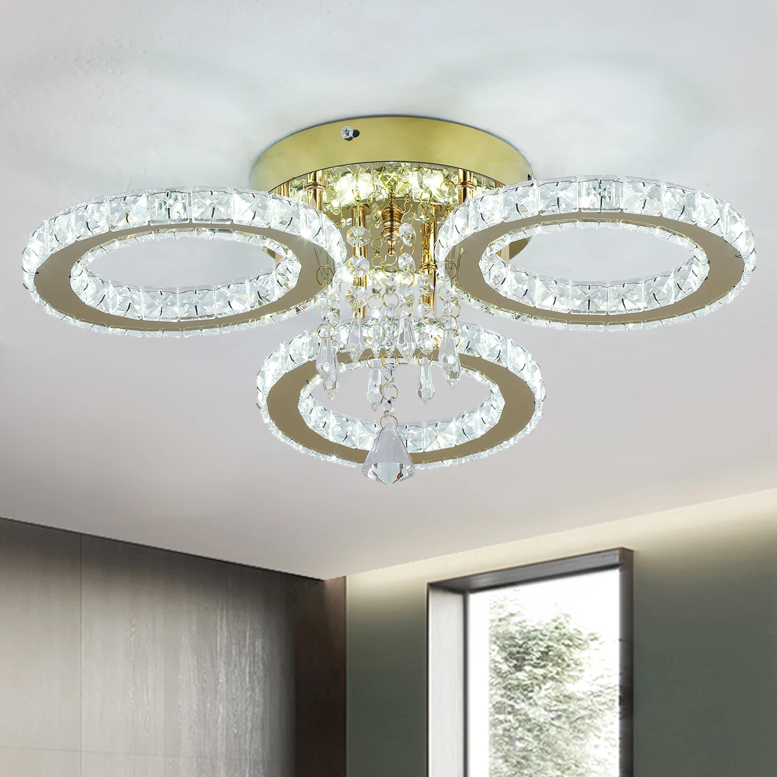 VETRULUS Modern Luxury Gold Crystal Ceiling Light LED Multi-Ring Flush Mount Chandelier Flower Shape Lighting Fixture for Living Room Bedroom Home Decor