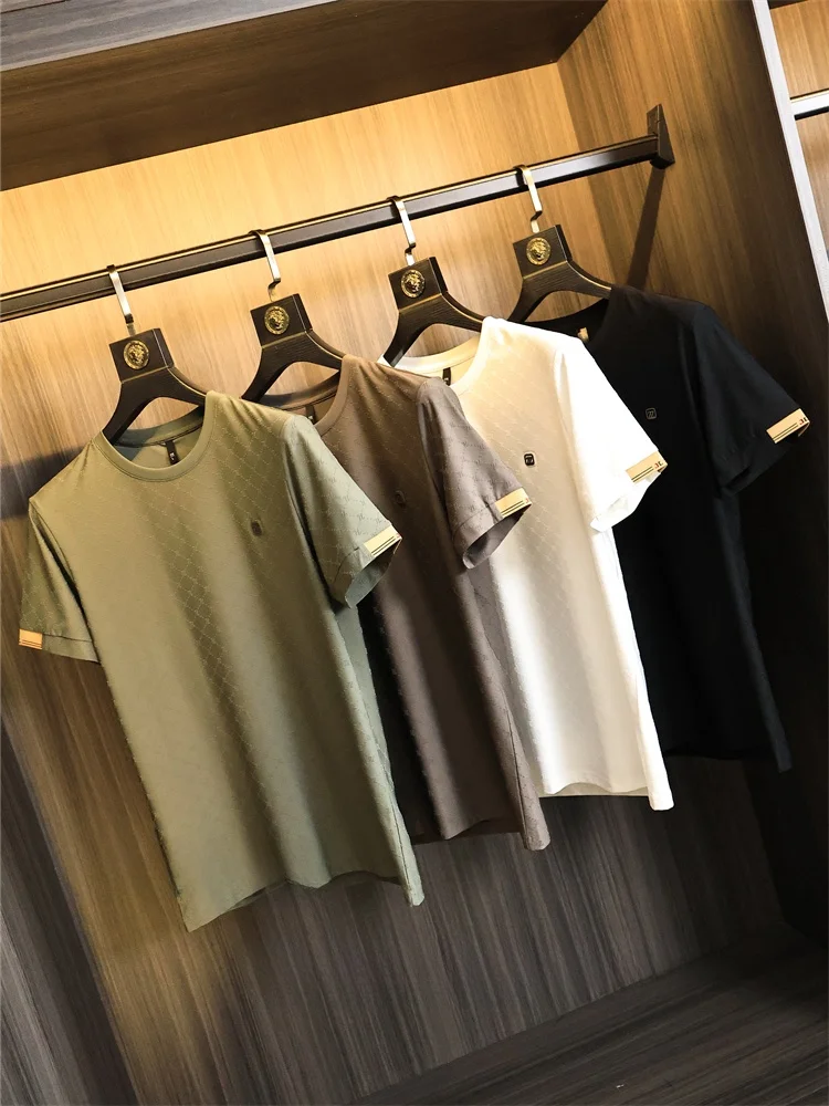  Texture T-Shirt Fabric round Neck Short Sleeve Men's Fashionable  Color Summer Top Quality Thread Embroidery