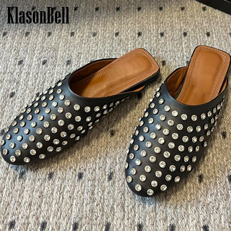 KlasonBell-Sandales plates confortables en cuir véritable pour femmes, pantoufles modernes avec rivet en cristal, 3.28