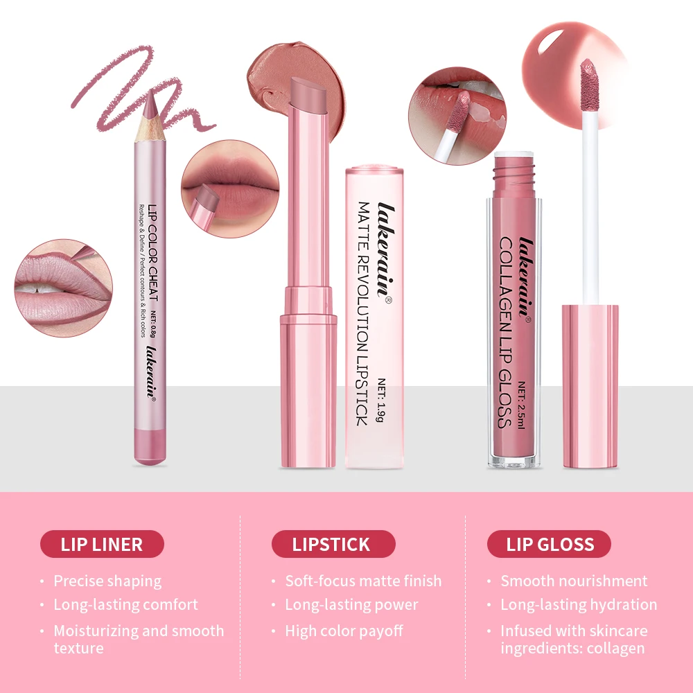 3 pz Rossetto Lipliner Penna Lipgloss Set Matita per labbra altamente pigmentata e burro Tazza antiaderente Lucidalabbra Lucidalabbra impermeabile
