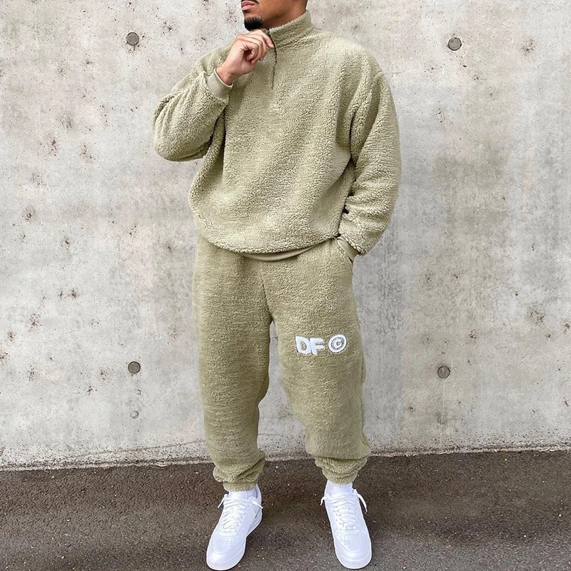 Fashion Mens Fleece Two Piece Set 2022 Winter Casual Solid Color Loose Outfits Men Stand Collar Zipper Wool Tops And Pants Suits