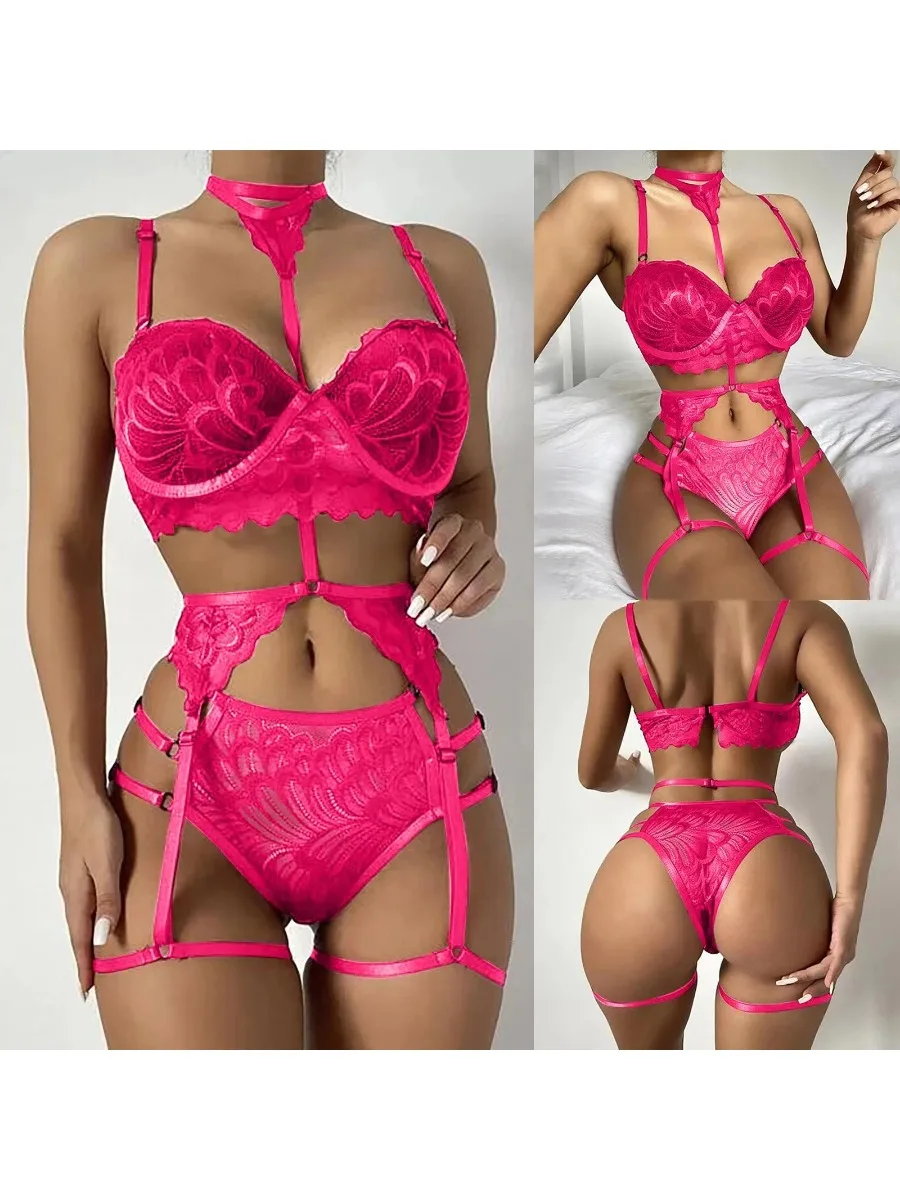 Ensemble de Lingerie Sexy en dentelle brodée, vêtements de nuit Porno, anneau en acier, pyjama de tentation, Costume de séduction à la mode