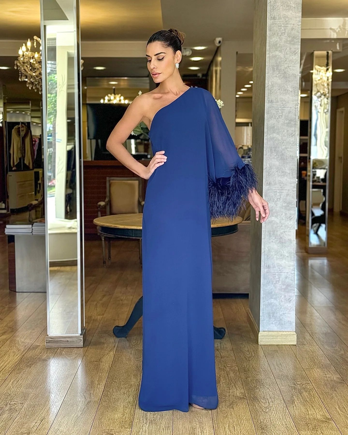 

CustomizedCustomized High Quality One Shoulder Long Sleeves Feathers Evening Dresses Graceful Chiffon Vestido De Noche Vestido D