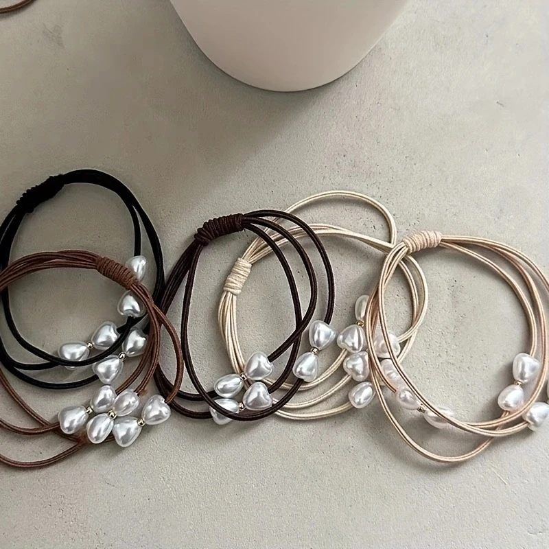 5pcs/set Pearl Hair Ties Heart Bow Beaded Rubber Bands Basic Elastic Hair Band Ponytail Holder Women Hair Accessories