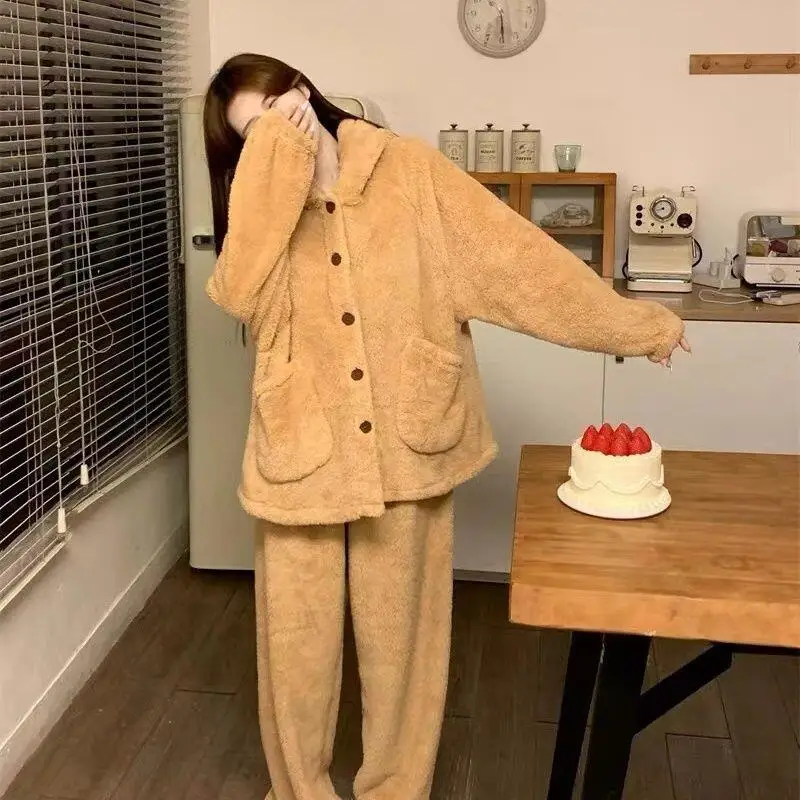 

Women's Clothing Brown Hooded Long Sleeves Coral Fleece Pajamas Winter Fleece-Lined Thicken Homewear Suit Outerwear