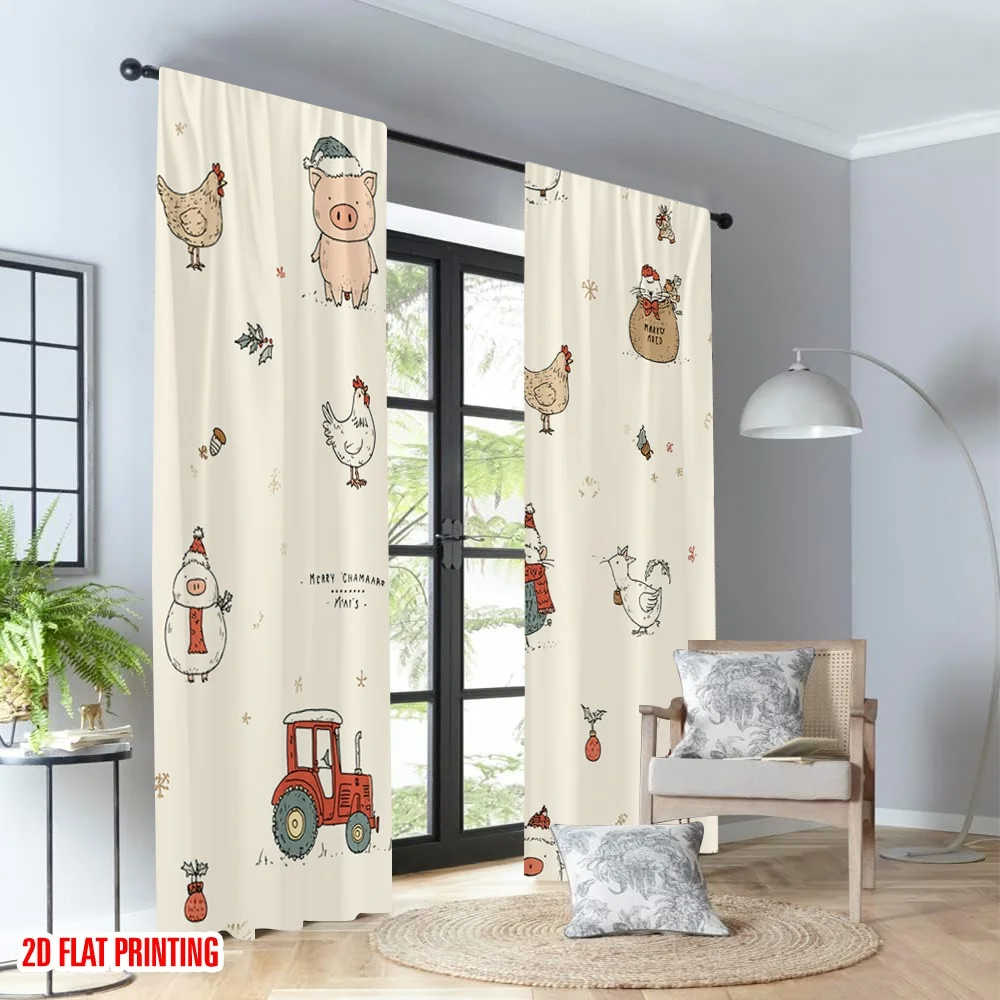 2 قطعة 2D الطباعة المسطحة عيد ميلاد سعيد ستائر الحفلات لطيف عيد الميلاد الحيوانات جرار الرقمية المطبوعة البوليستر الستائر عيد ميلاد #4