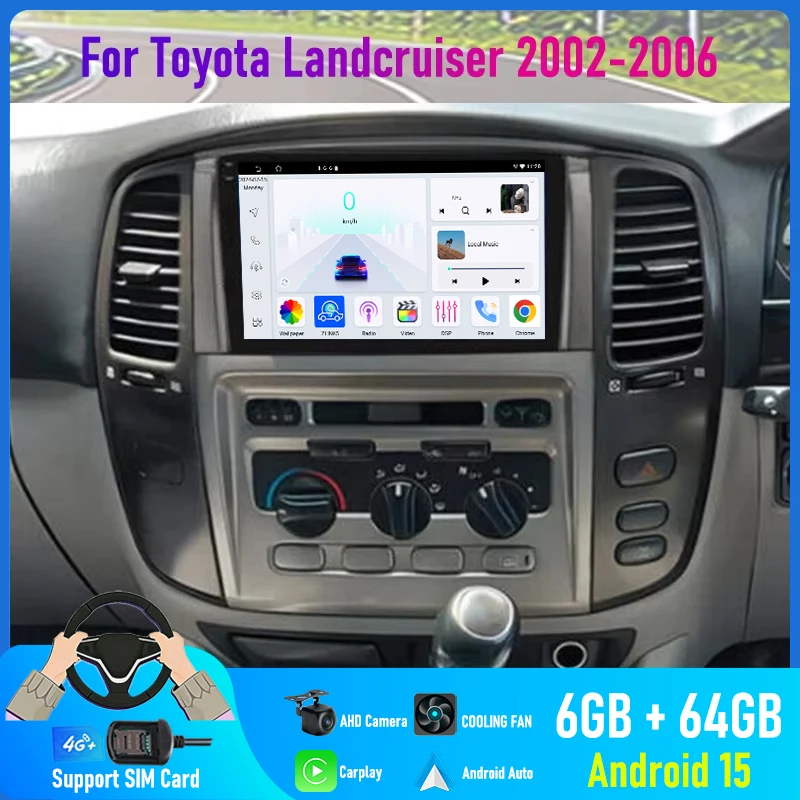 9'' For Toyota Landcruiser 2002-2006 Car Radio 4G SIM Google Map Carplay Android 15 Auto GPS FM Reversing Image Stereo Bluetooth