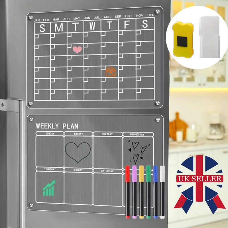 Magnetic Fridge Calendar Dry Erase White Board Fridge Weekly + Monthly Planner