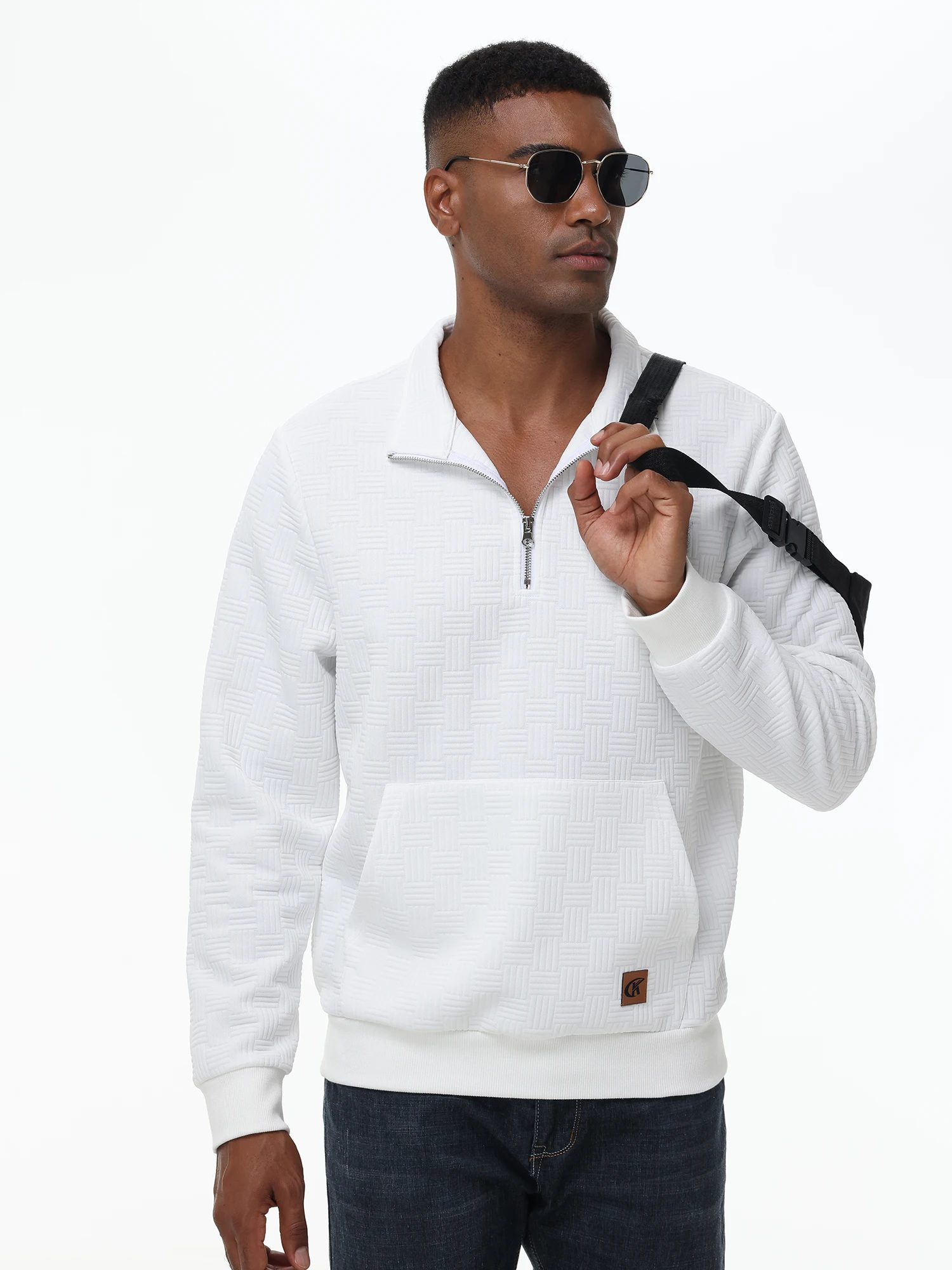 New Fashion Men's Long-Sleeve Quarter-Zip Casual Sweatshirt Square Pattern Pullover with Kanga Pocket