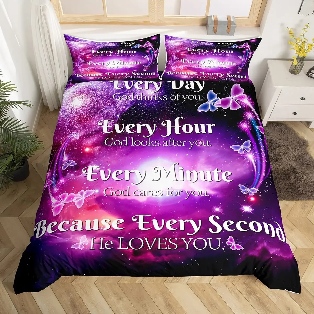 Healing Duvet Cover Set Starry Sky Galaxy Butterfly Inspirational Thoughts Prayers Bedding Sets,Positive Energy Comforter Cover