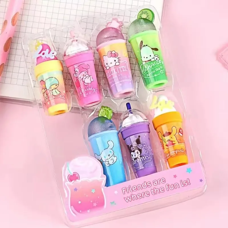 Sanrio Hello Kitty My Melody Pen Cap Eraser 7Pcs Set Kawaii Summer Drink Styling Eraser Student Stationery Supplies Kid Gifts