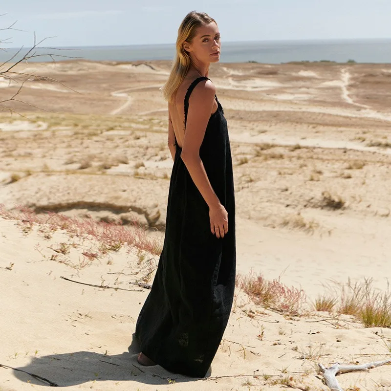 فستان طويل كتان عتيق للنساء صيفي مثير بدون أكمام جديد أسود بلون سادة فضفاض لقضاء العطلات على الشاطئ وحفلات الموضة رداء فيستدوس #2