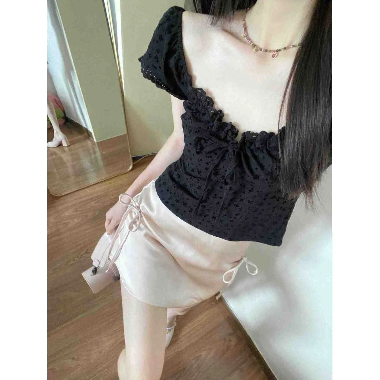 plus Size Lace One Shoulder Short Sleeve Slim Fit Summer New Style Sexy Girl Top And Skirt Set French Style Black Casual Outfit