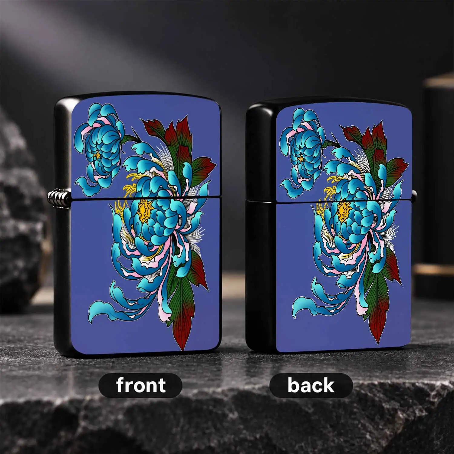 Creative Japanese Irezumi Style Blue Chrysanthemum Pattern Lighter, Vibrant Retro Artistic Floral Design, Sleek Portable Decorative Tool, Ideal for All Occasions Gifting Personal Use, Exquisite Colorful Painted Appearanc A Humorous And Inte