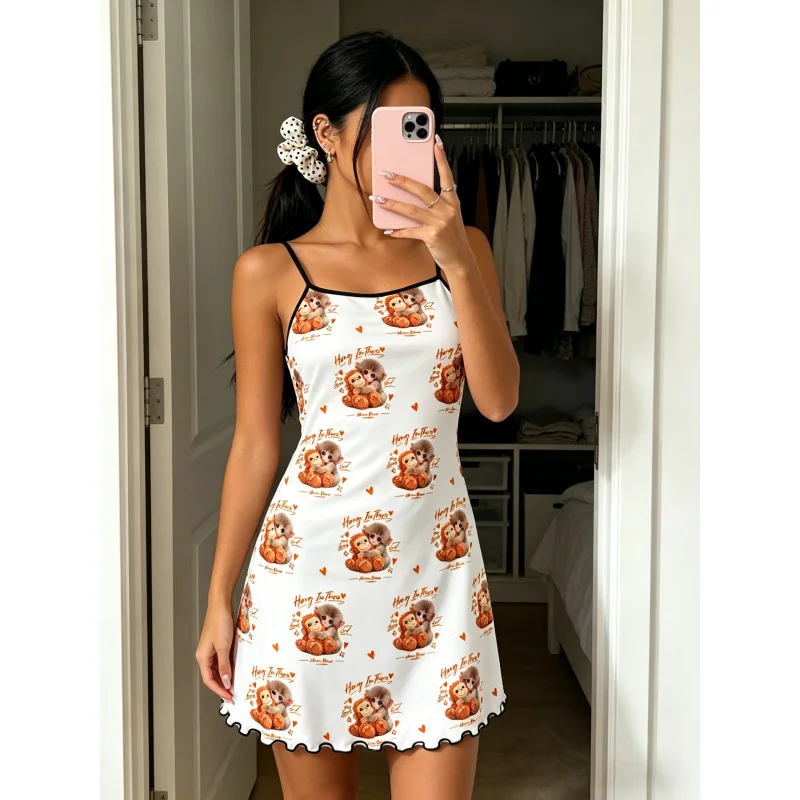 Women Summer Nightdress Spaghetti Strap Ruffle Trim Round Neck Home Loungewear Sleep Dress Cute Monkey Print