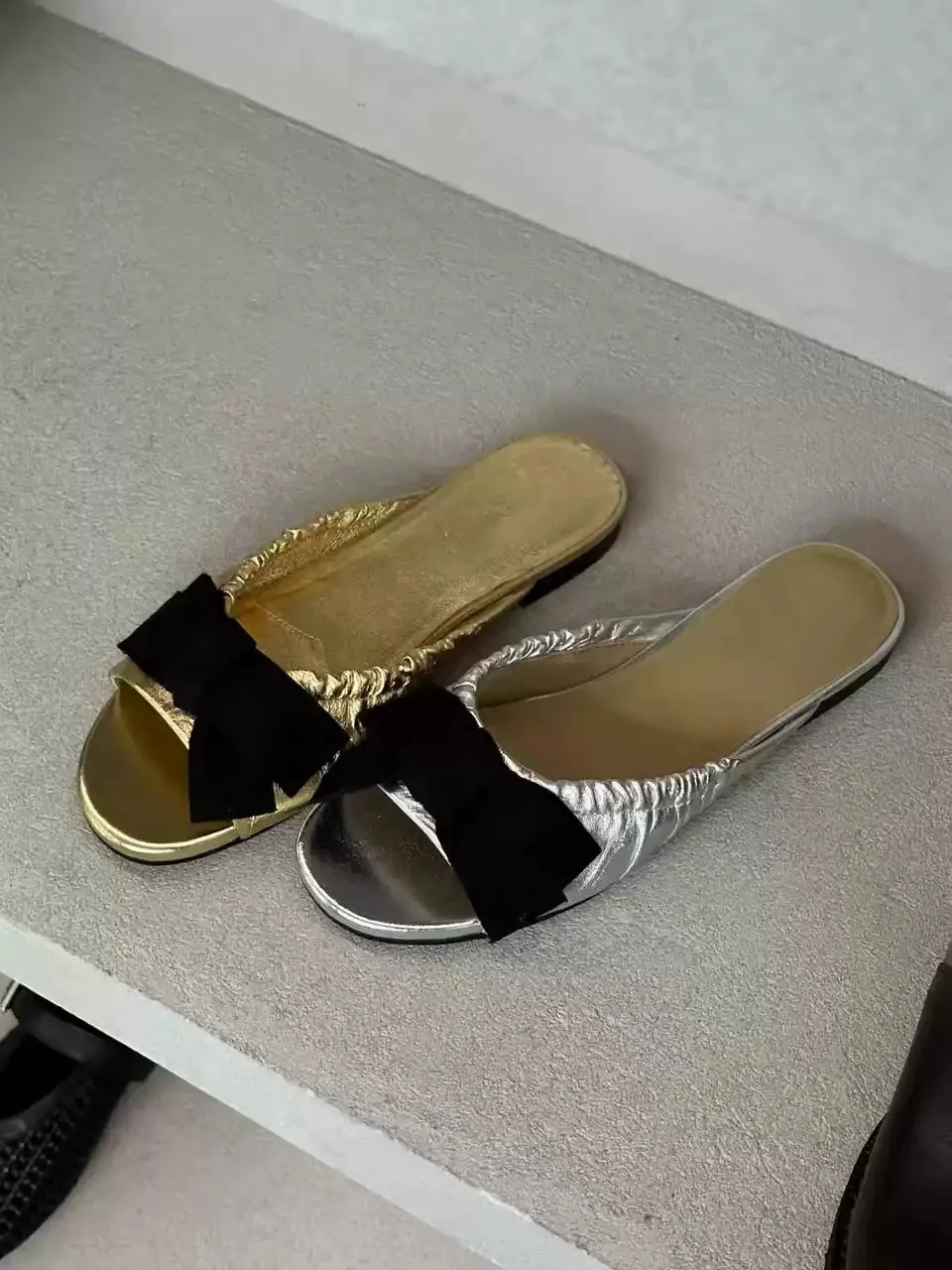 Metallic Gold Silver Ruched Slide Sandals with Black Fabric Bow Ladies Vacation Date Soft Comfort Summer Daily Slip On Footwear