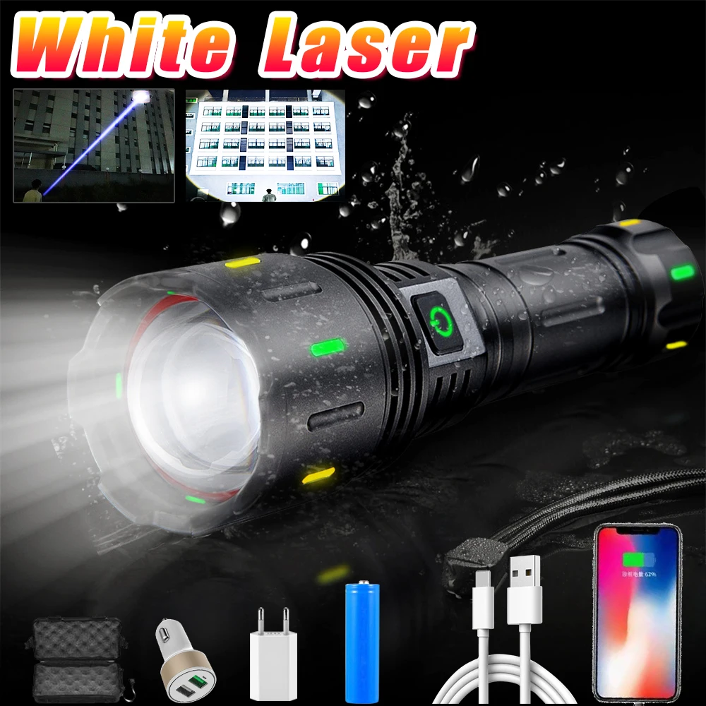 

High Power 600W LED Flashlight 5000M Long Shot Zoomable Tactical Torch USB Rechargeable Camping Lantern Power Bank 5 Modes Light