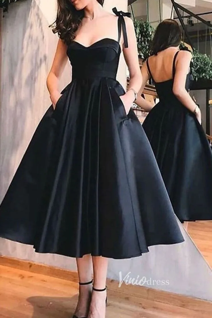 

A-Line Black Prom Dress with Pocket Formal Evening Dress Spaghetti Strap Tea Length Abendkleider Robes de Soirée for Women 2023