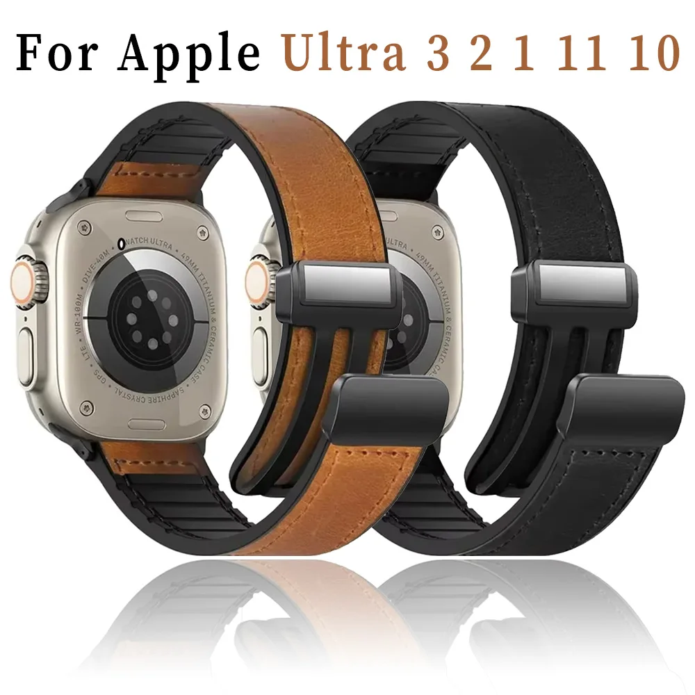 Silikon- und Lederarmband für Apple Watch Ultra 3 2 1 49mm 11 10 46mm 42mm Magnetisches Armband 9 8 7 45mm 41mm 6 5 4 SE 44/40mm Gürtel