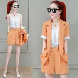Women's Fashion Office Suit Spring And Summer New Coat Crop Tops Shorts Three Piece Sets High-end Professional Clothes For Women