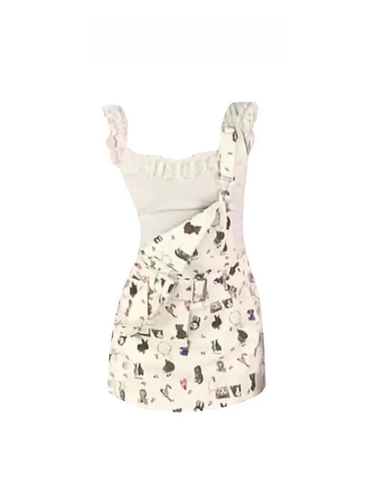 Y2K épicé fille dessin animé imprimé Denim salopette femmes été pur désir gilet t-shirt haut Dr ensemble a-ligne jupe ort Sve