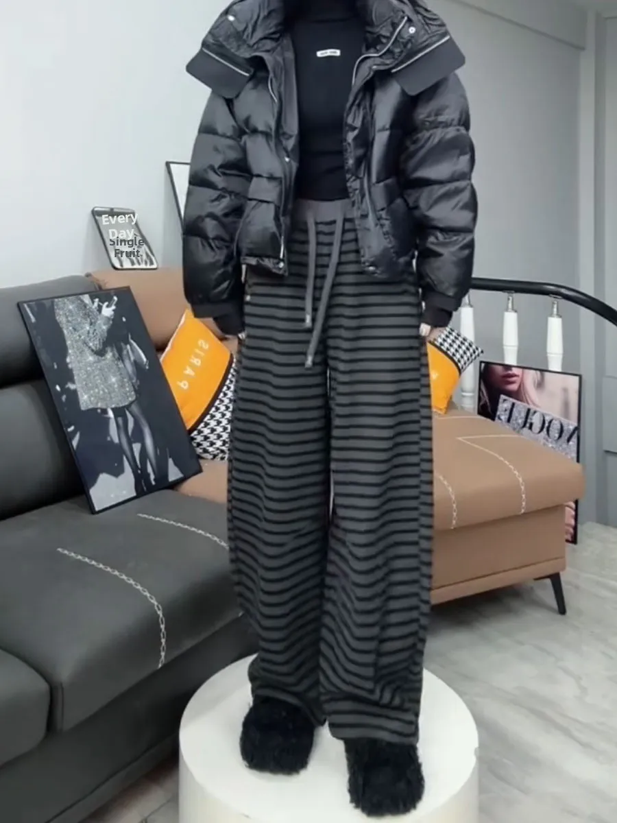 

Брюки с высокой талией, на флисовой подкладке, в полоску, прямого кроя, свободные повседневные брюки для женщин больших размеров, зимняя новинка, длина в пол