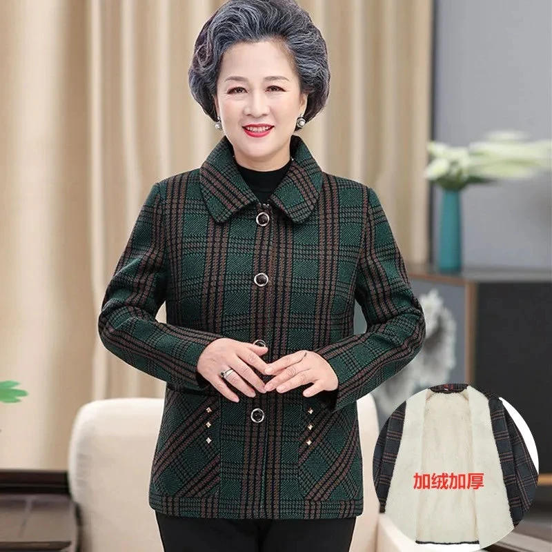 Fashion Red Green Plaid Jacket Middle-Aged Elderly Women Coat 2023 new Short Loose Casual Spring Autumn Woolen Outerwear Tops