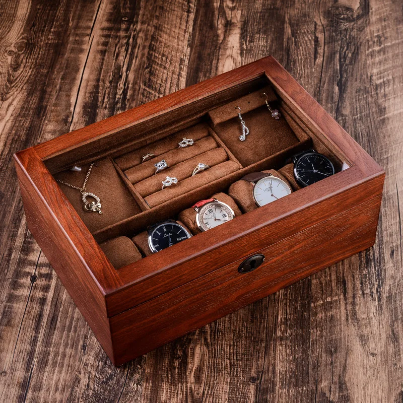 

Ash wood watch jewelry box with lock glass box bracelet necklace cufflinks ring jewelry double storage box