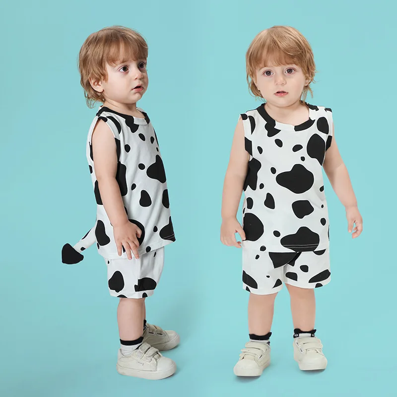 

2024 Summer Baby Suit Girls Boy Baby Children Cartoon Animal Cow Tail Sleeveless Overall Pants Short Sets Child Baby Costume 0-3