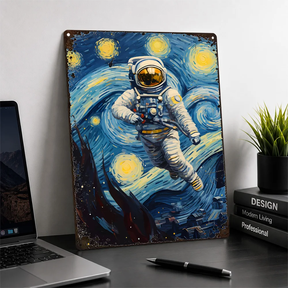 Astronaut Among Swirling Stars Aluminum Poster Painterly Wall Art For Living Room Customized Metal Sign Astronomy Lover Gift