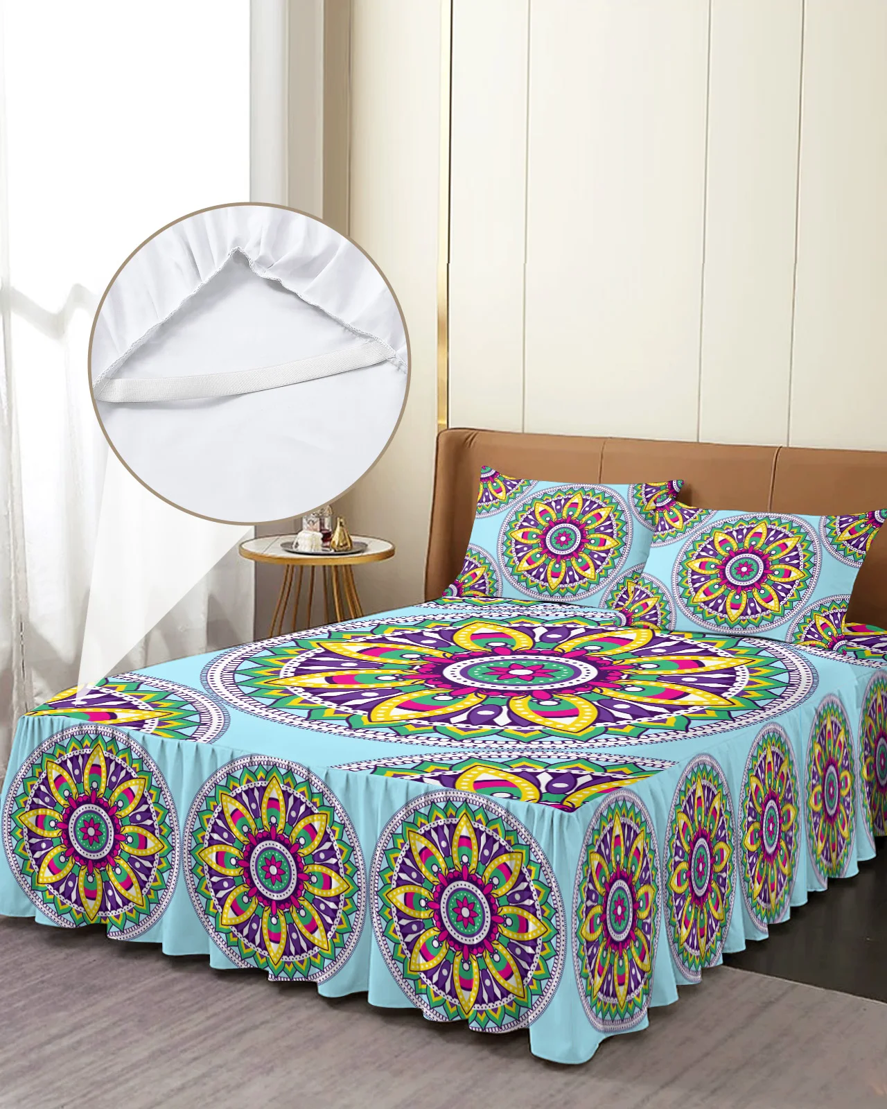 

Mandala Flower Psychedelic Skirt Elastic Fitted Bedspread With Pillowcases Mattress Cover Bedding Set Bed Sheet