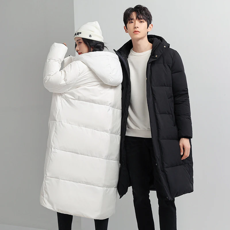 Winter New Men\'S Fashion Versatile Long Knee Down Jacket Coat Youth Trend Loose Casual Hooded Thickened Warm Windproof Coat Male