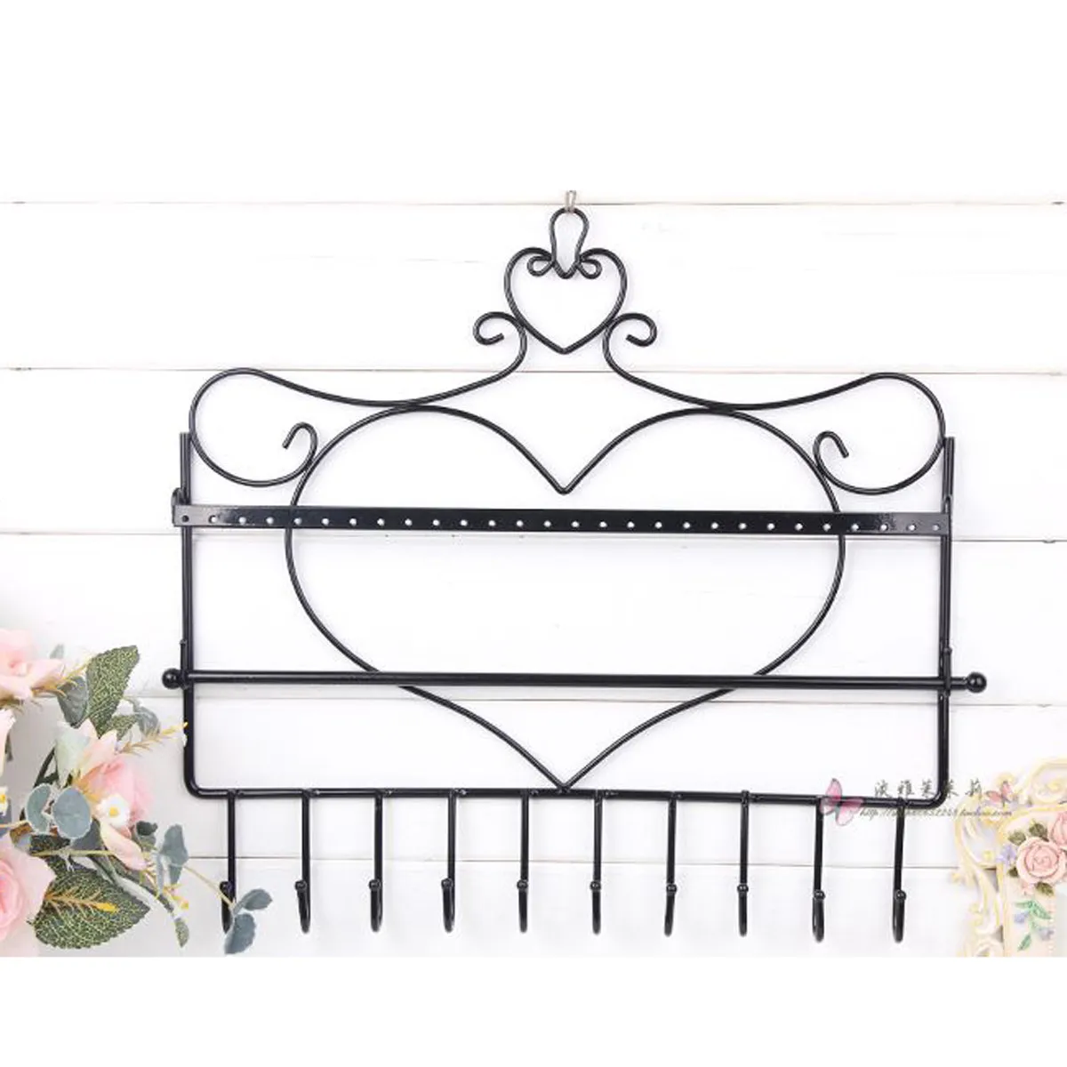 Heart Shape Wall Mount Jewelry Display Stand Rack Organizer Bronze Metal 315x34cm 28 Holes 10 Hooks Removable Bar for Necklaces