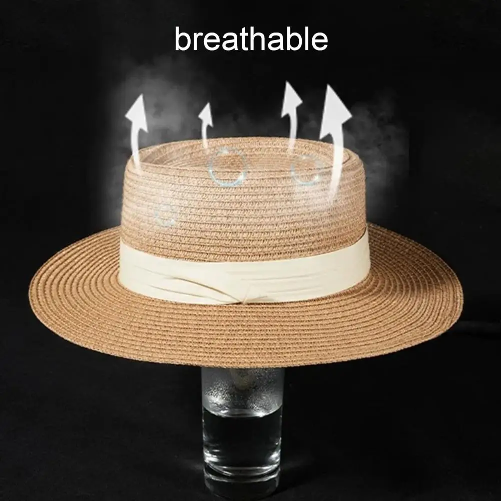 Portable Straw Hat Flat Straw Hat with Wide Brim Natural Straw Weaving Sun Protection Summer Beach Hat Featuring Ribbon Bow