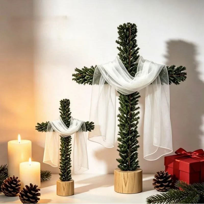 New Realistic Pine Needle Cross Ornament Christmas and Easter Party Table Decoration Prayer Ornament Home Decorations