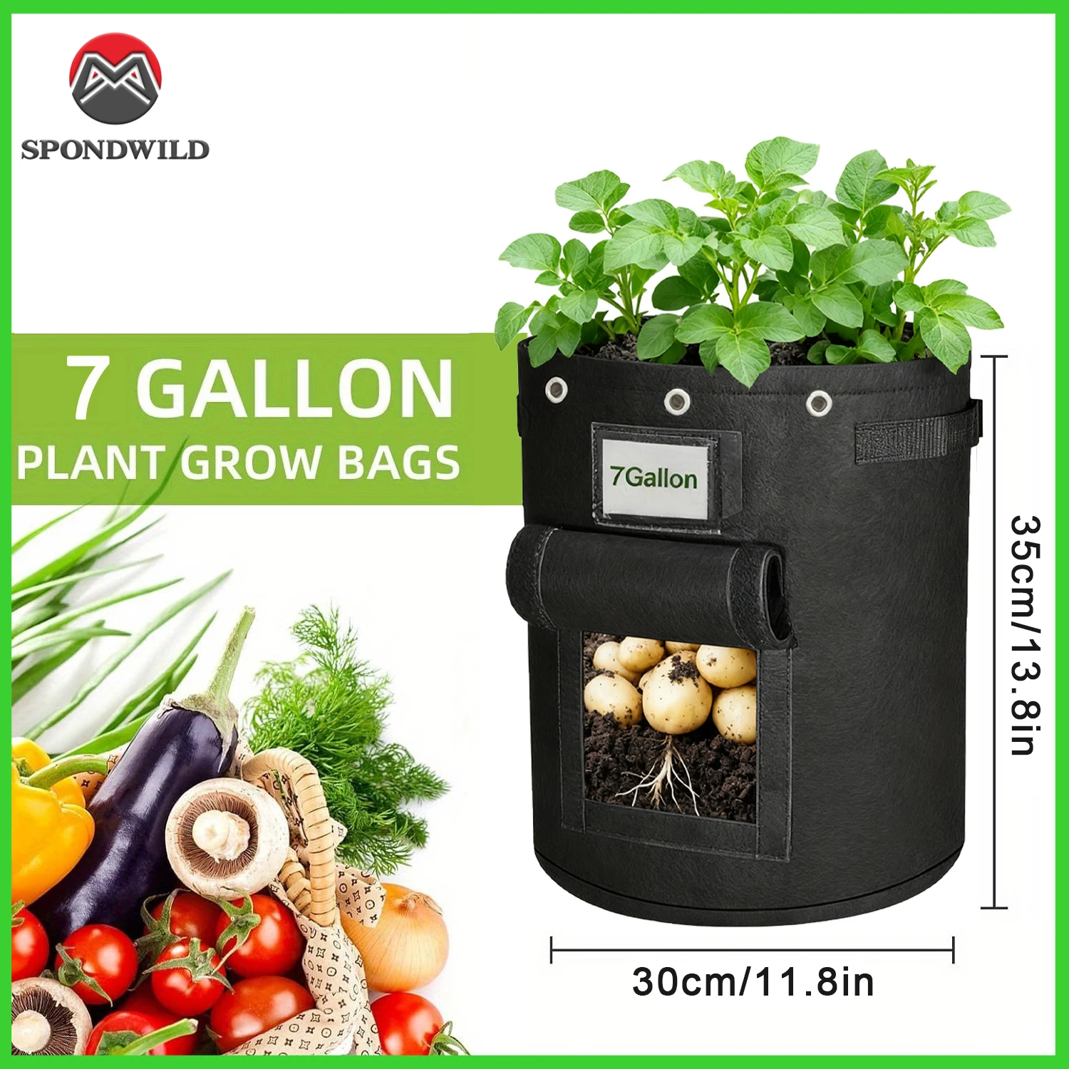 SPONDWILD 7/10 Gallon Vegetable Grow Bags with Support Ring, Non-Woven Fabric Plant Pots for Garden, Potato Tomato Carrot Onion