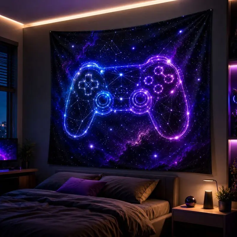 VIKAMA Constellation Game Controller Tapestry Wall Hanging Galaxy Neon Blue Purple Gamer Aesthetic Wall Art Bedroom Dorm Decor