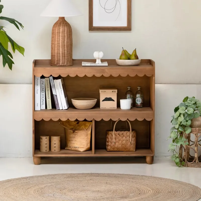 

Modern pine solid wood dining side cabinet, wavy edge mesh locker