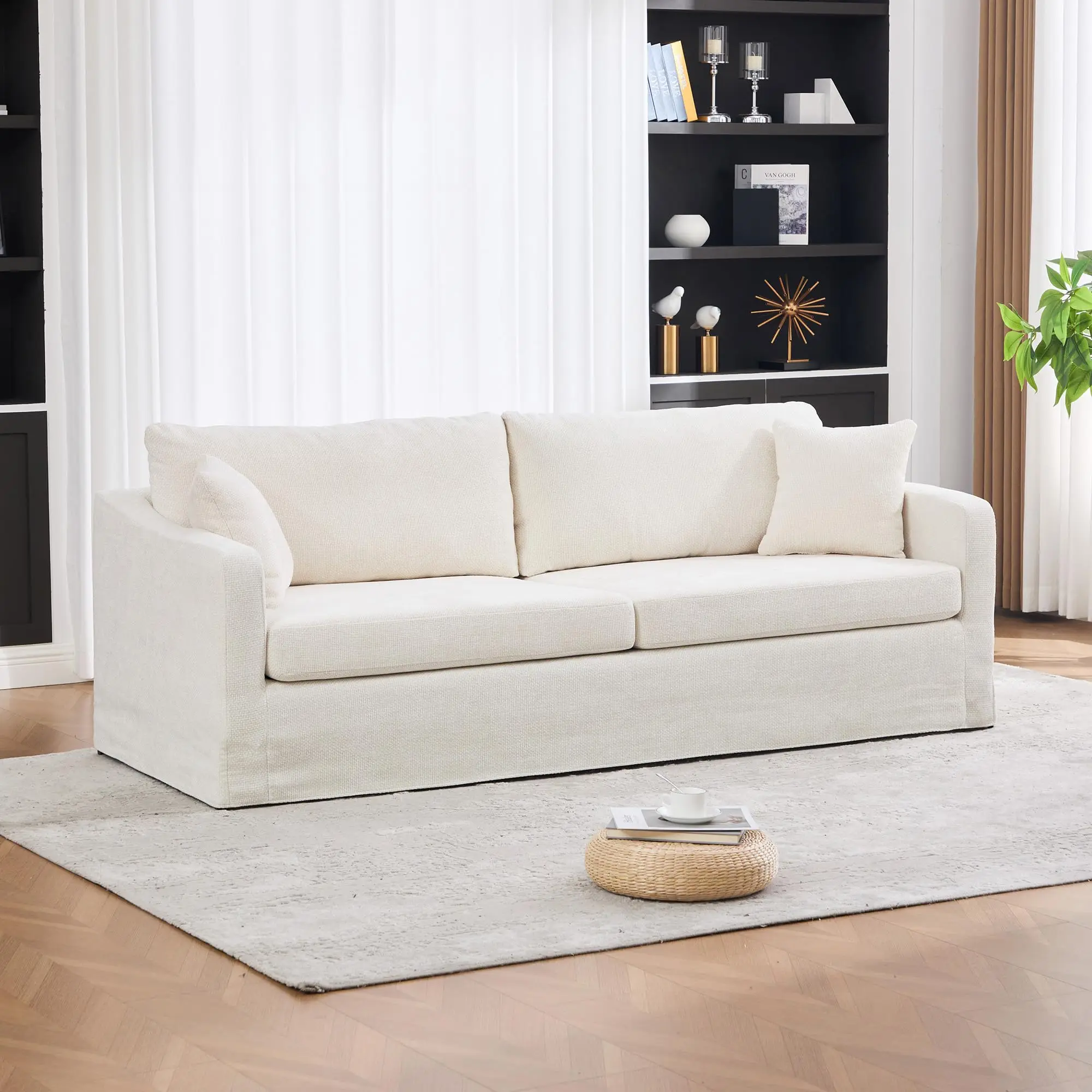 Extra-Large Double-Seater Loveseat, Chenille Upholstered with Two Armrest and Two Backrest Pillows - Minimalist Beige