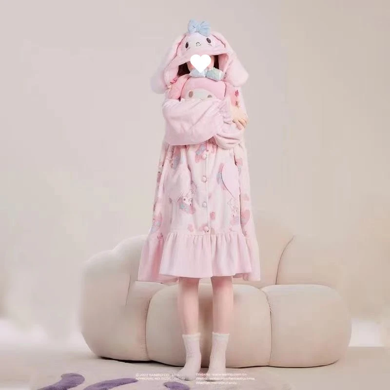 Women Robes Cute My Melody Cartoon Hooded Robes Warm Pajamas Coral Flannel Nightdress Girls Sweet Casual Nightgown Homewear