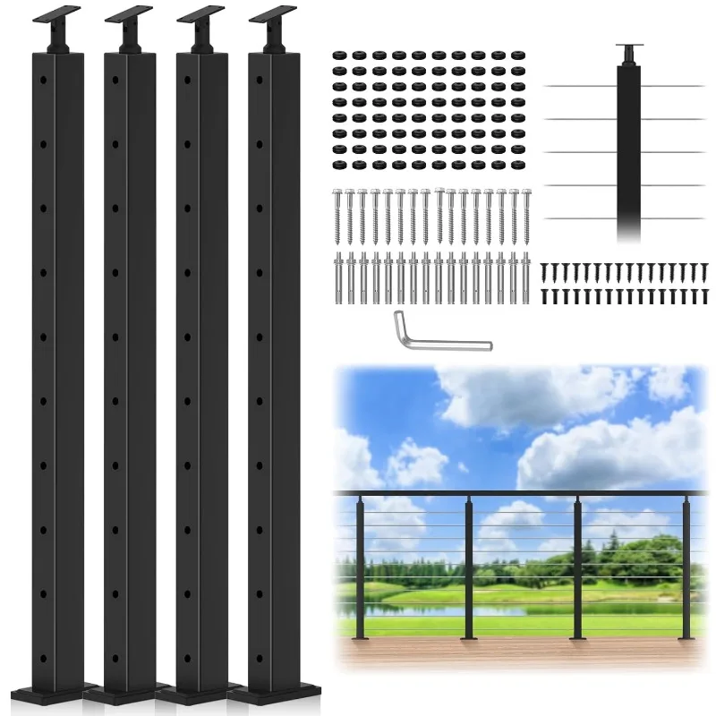 Confezione da 4 pali per ringhiera per cavi da 36", pali forati orizzontali regolabili per montaggio superiore con occhielli per cavi