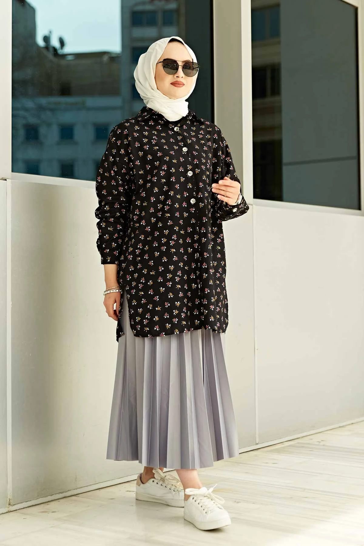 Flower Pattern Shirt MD-Black Winter Autumn 2021 Muslim Women Hijab headscarf Islamic Turkey