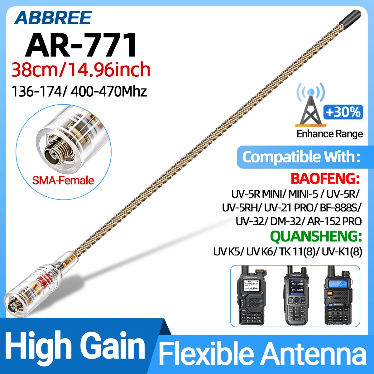 ABBREE New Transparent AR-771 High Gain Antenna UHF VHF SMA Female For Baofeng BF-888S Pro UV-5R Mini For Quansheng UV K5 (8) K6
