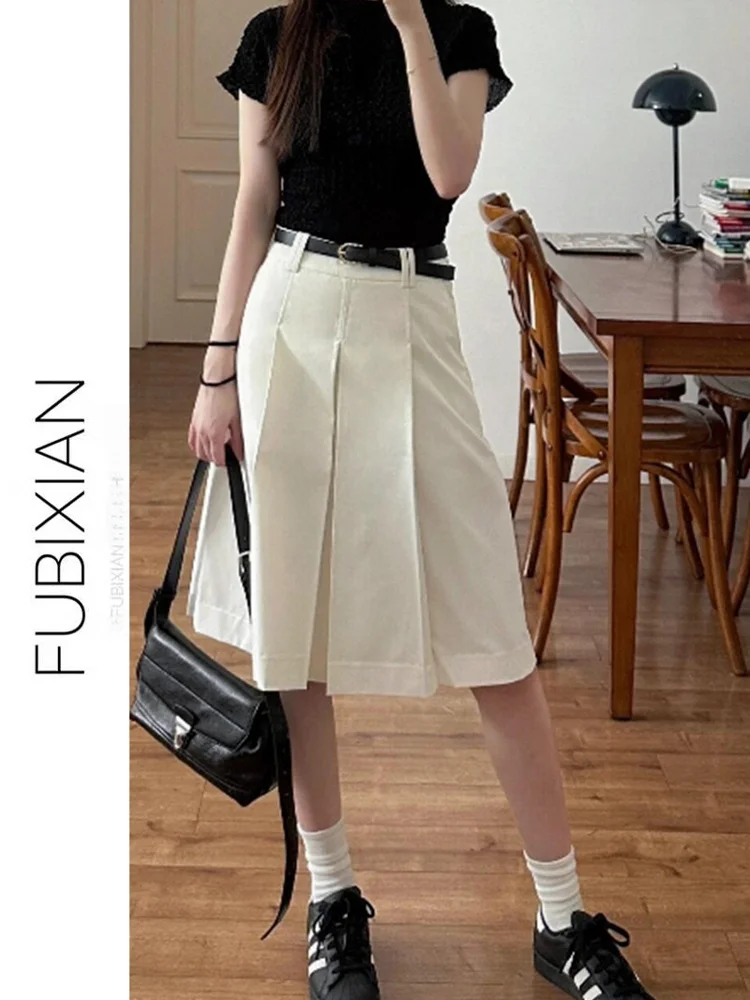Abito bianco Gonna a pieghe Sle Gonna casual versatile da donna Faionable Design a vita media Lunghezza midi di Fubian