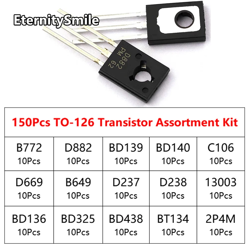 150Pcs/ Box TO-126 Transistor Assortment Kit B772 D882 BD139 BD140 C106 D669 B649 D237 D238 13003 BD136 BD235 BD438 BT134 2P4M