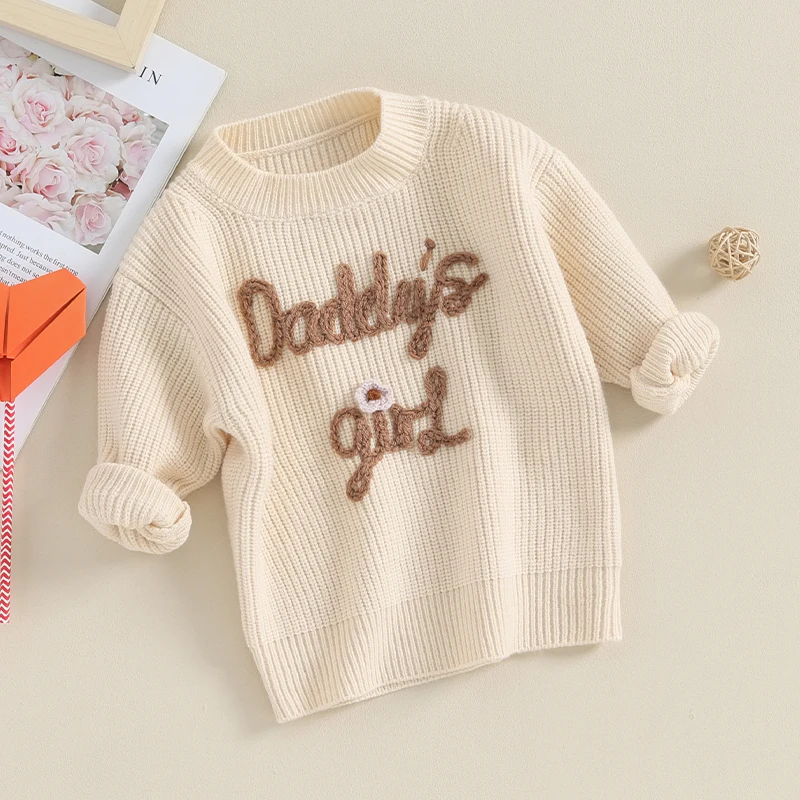 Newborn Baby Girl Knitted Jumper Toddler Girls Daddy s Girl Letter Embroidery Sweater Crew Neck Long Sleeve Knitwear Knit