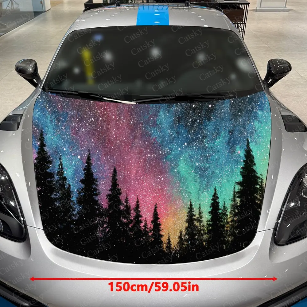 Romantic Aurora Forest Pattern car hood stickers, waterproof self-adhesive, scratch resistant, easy to stick, durable car PVC st